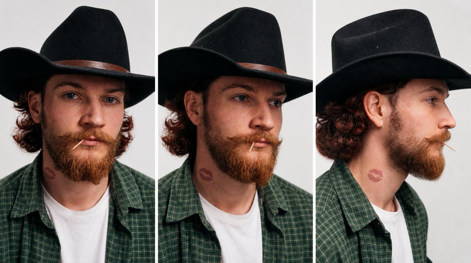 three studio views of tompkin, a bearded man in a black hat, a toothpick at his lip and a lipstick mark on his neck